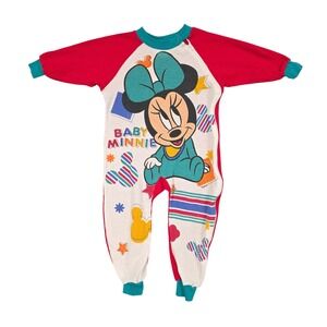 Vintage 90s Disney Babies Romper Unisex 24M Red Minnie Mouse Waffle Knit Thermal